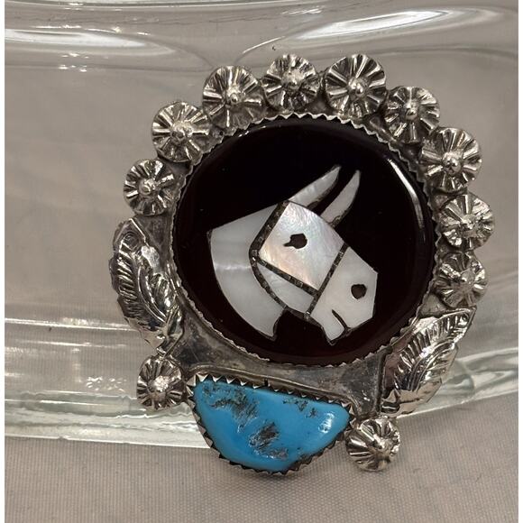 Vintage Zuni Simplicio Sterling MOP Inlay and Turquoise Horse Brooch/Pendant - Picture 1 of 4